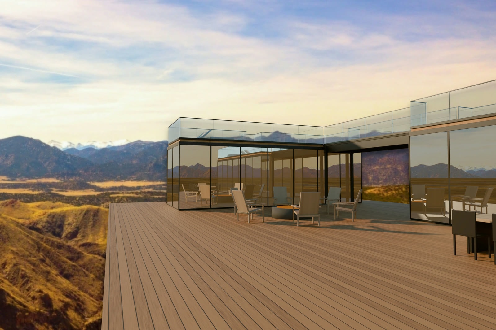 Artist's rendering of two ÖÖD mirror glass homes joined by a skywalk, with a shared wood deck, fire pit chairs and a dining table, set on a real photo from the ranch looking across the canyon to the mountains
